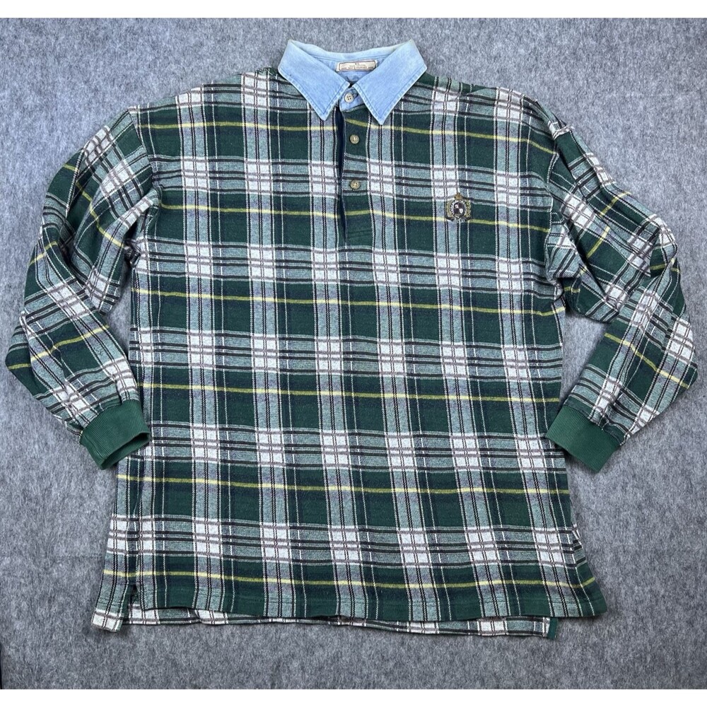 Vtg Guess Sportswear Men's Flannel Polo Green Plaid Denim Collar 90's Size XL